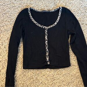 Brandy Melville Long Sleeve Top with Patterned Cheetah Print Trim